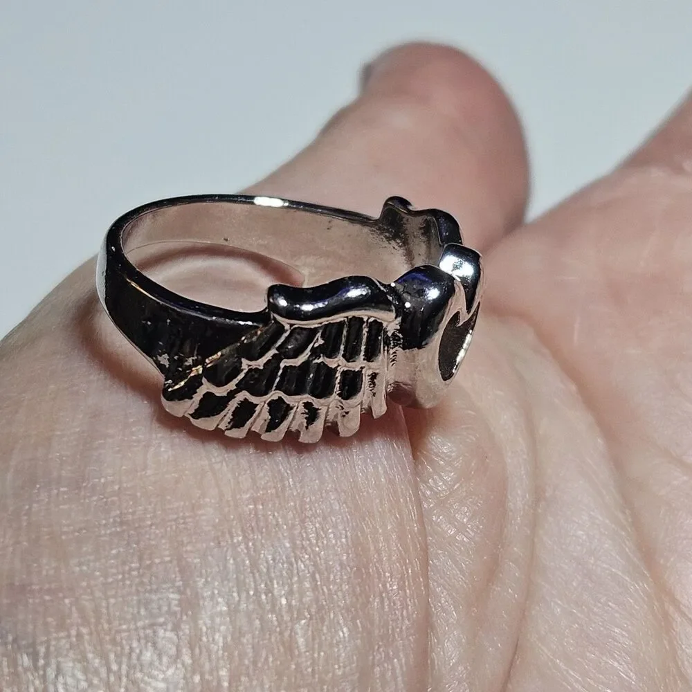 Silver Tone Heart Hugged By Angel Wings Fashion Ring Textured Size 9